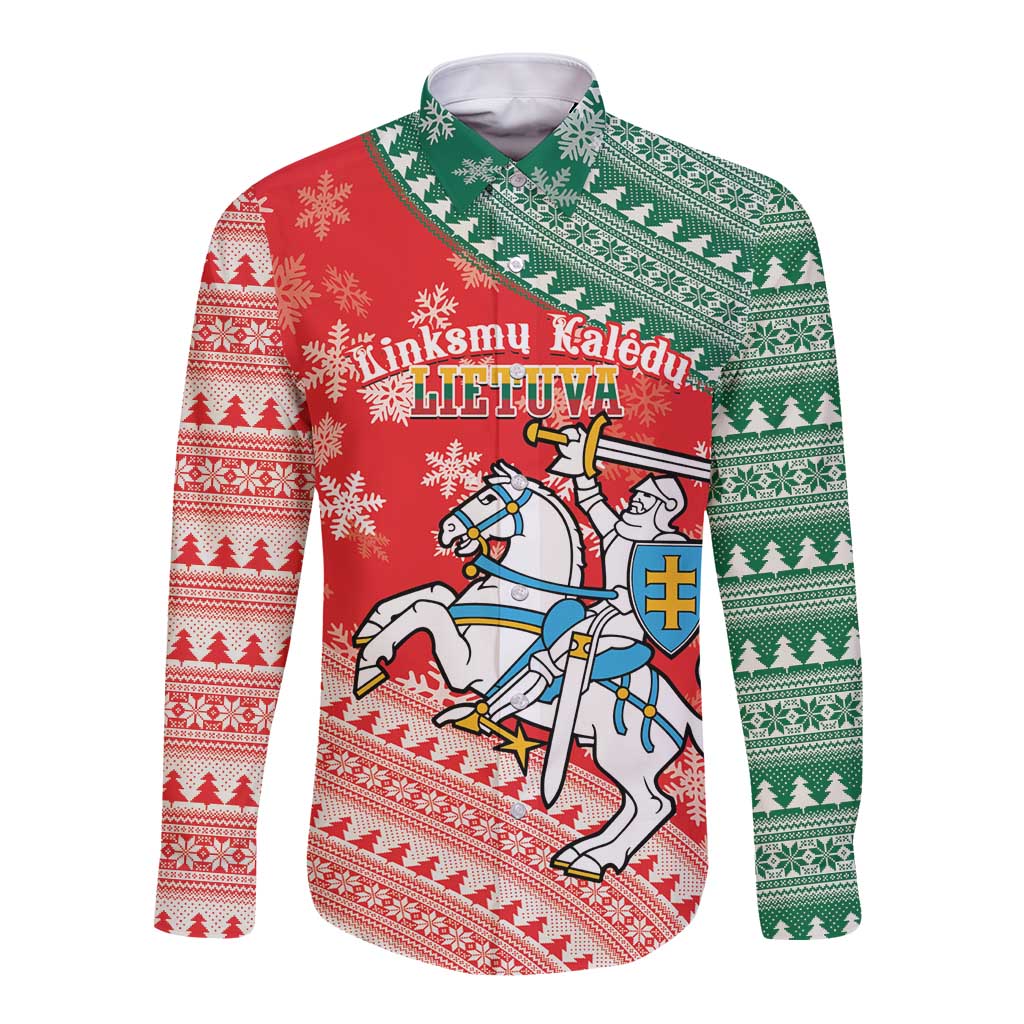 Lietuva Christmas Long Sleeve Button Shirt Linksmu Kaledu - Lithuania Coat Of Arms - Wonder Print Shop