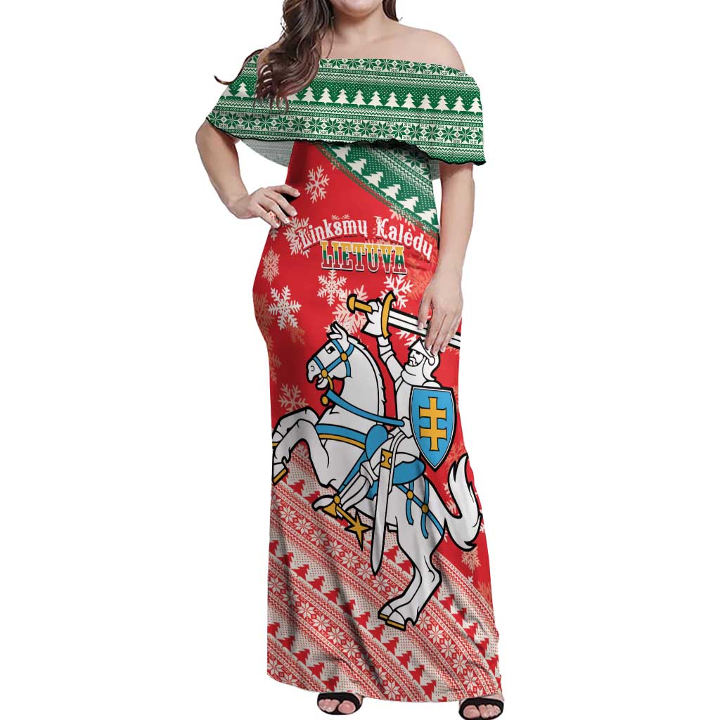 Lietuva Christmas Off Shoulder Maxi Dress Linksmu Kaledu - Lithuania Coat Of Arms - Wonder Print Shop