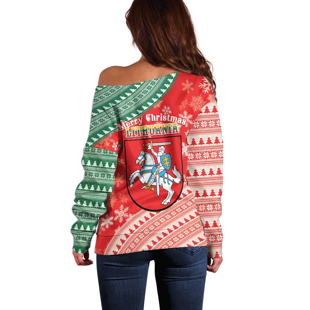 Lietuva Christmas Off Shoulder Sweater Linksmu Kaledu - Lithuania Coat Of Arms - Wonder Print Shop