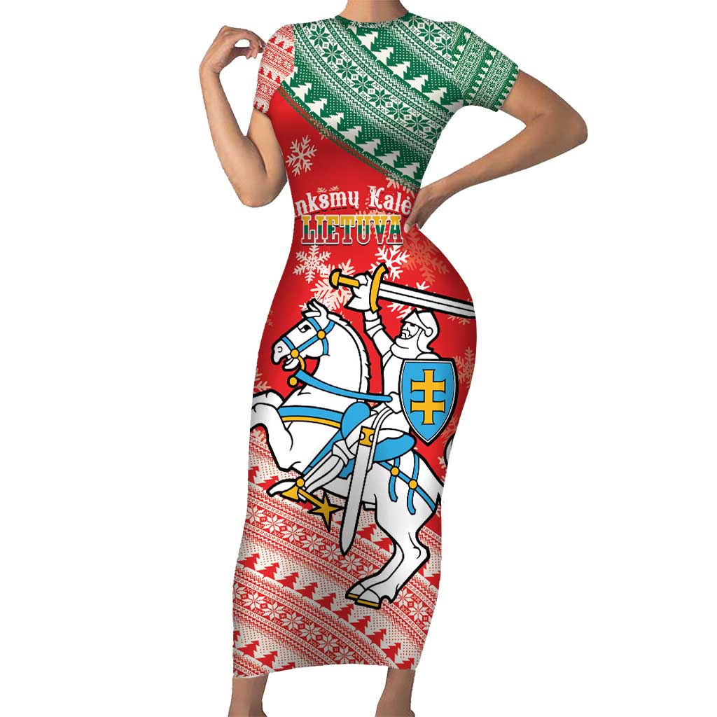 Lietuva Christmas Short Sleeve Bodycon Dress Linksmu Kaledu - Lithuania Coat Of Arms - Wonder Print Shop