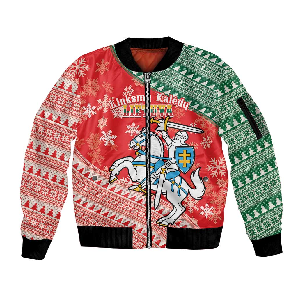 Lietuva Christmas Sleeve Zip Bomber Jacket Linksmu Kaledu - Lithuania Coat Of Arms - Wonder Print Shop