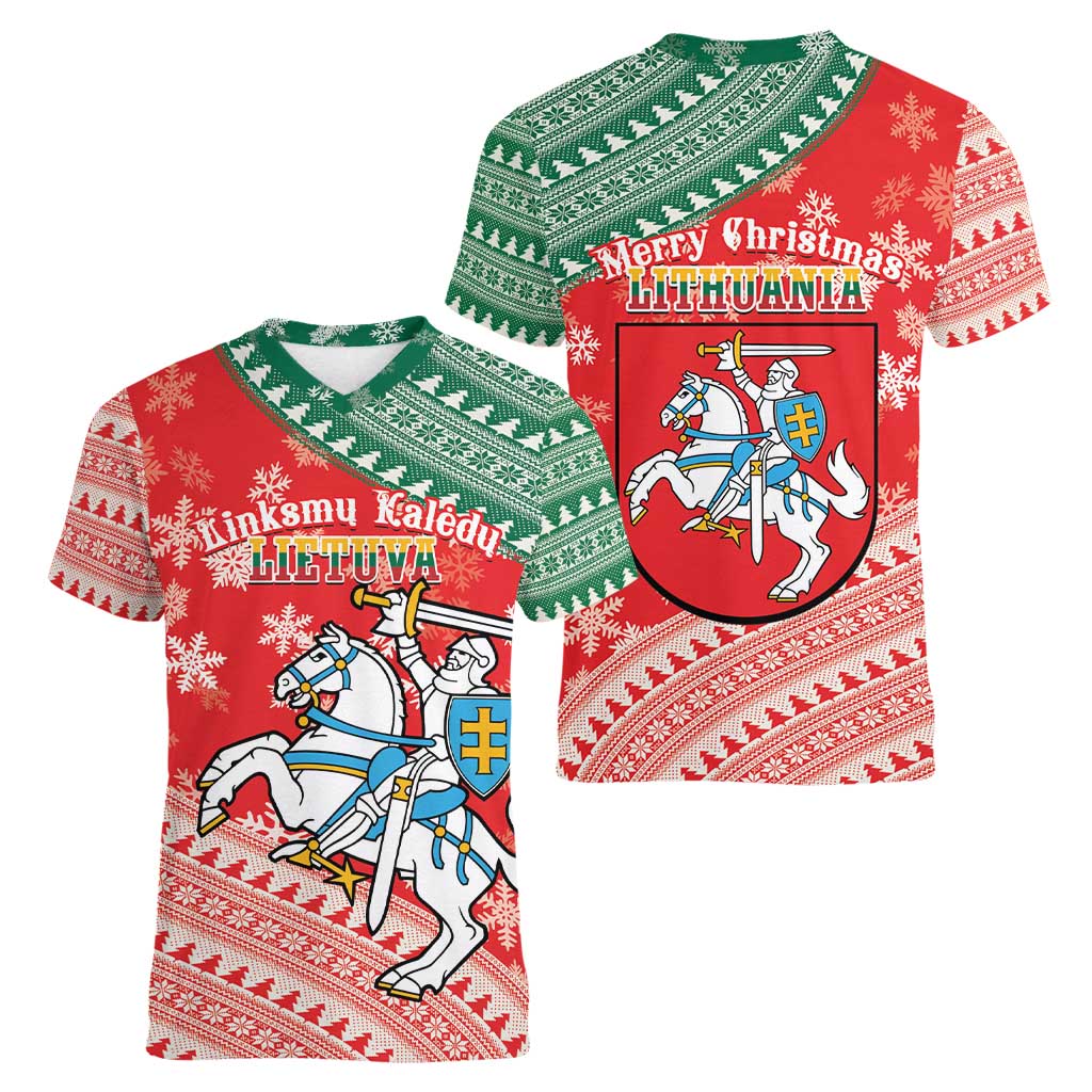Lietuva Christmas Women V-Neck T-Shirt Linksmu Kaledu - Lithuania Coat Of Arms - Wonder Print Shop