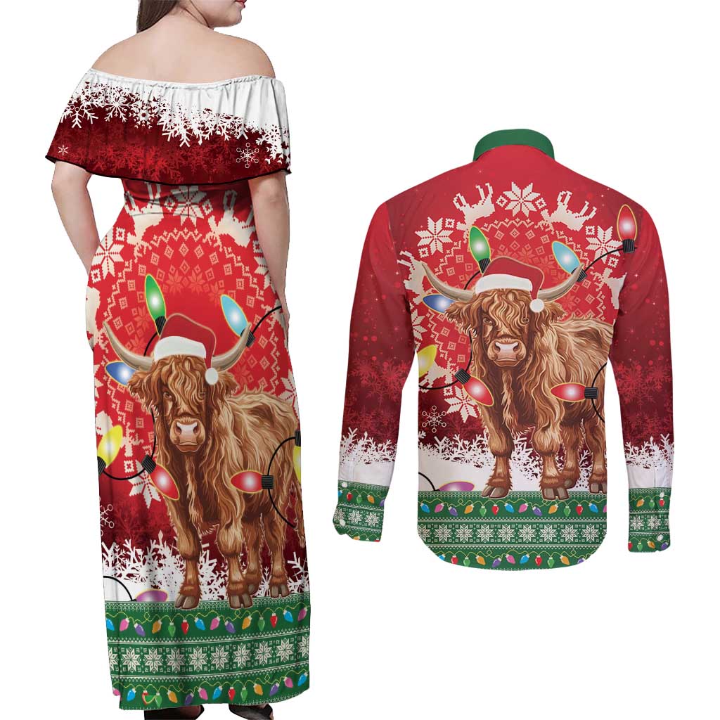 Scotland Christmas Couples Matching Off Shoulder Maxi Dress and Long Sleeve Button Shirt Highland Cow Santa - Nollaig Chridheil! - Wonder Print Shop