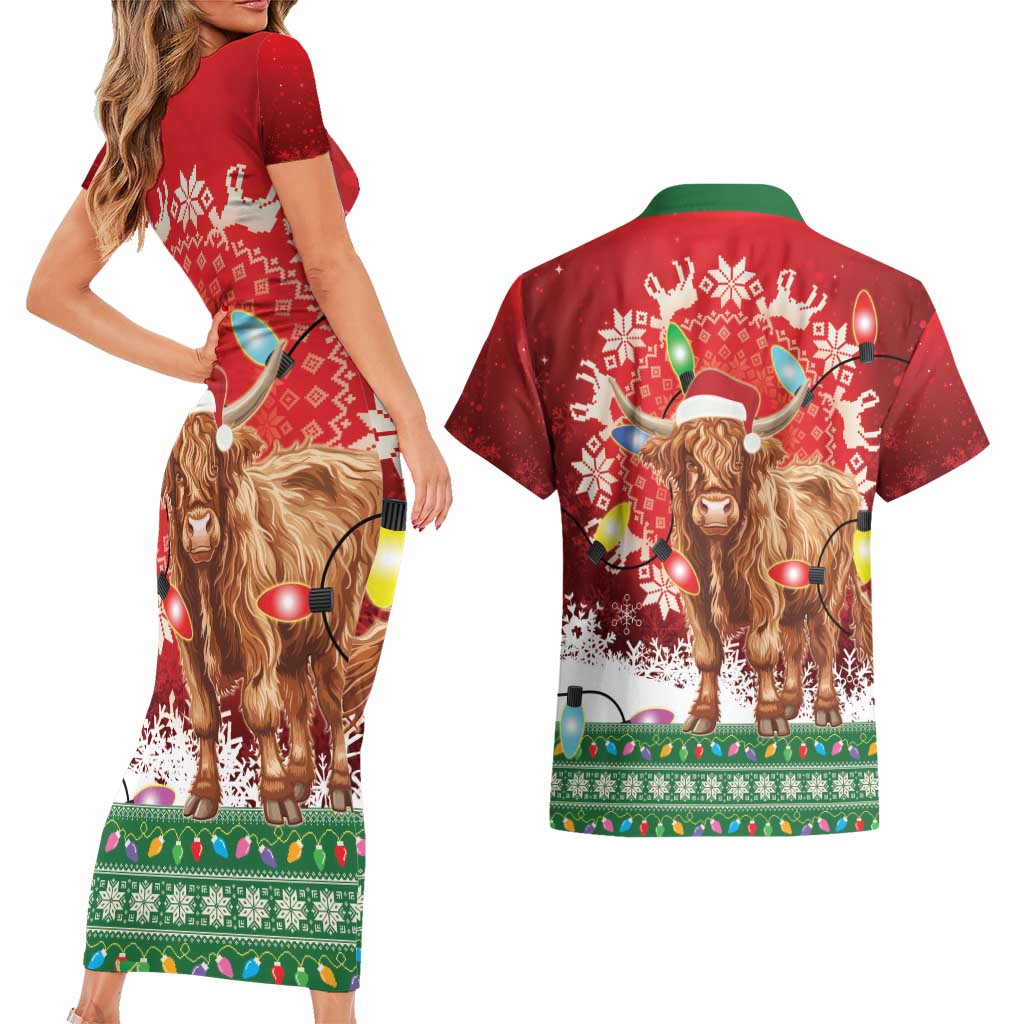 Scotland Christmas Couples Matching Short Sleeve Bodycon Dress and Hawaiian Shirt Highland Cow Santa - Nollaig Chridheil! - Wonder Print Shop