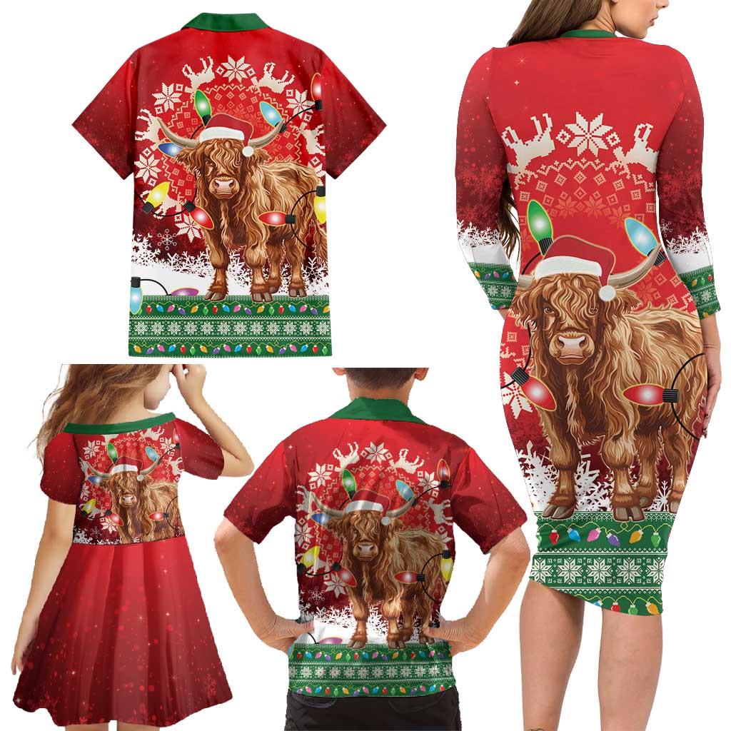 Scotland Christmas Family Matching Long Sleeve Bodycon Dress and Hawaiian Shirt Highland Cow Santa - Nollaig Chridheil! - Wonder Print Shop