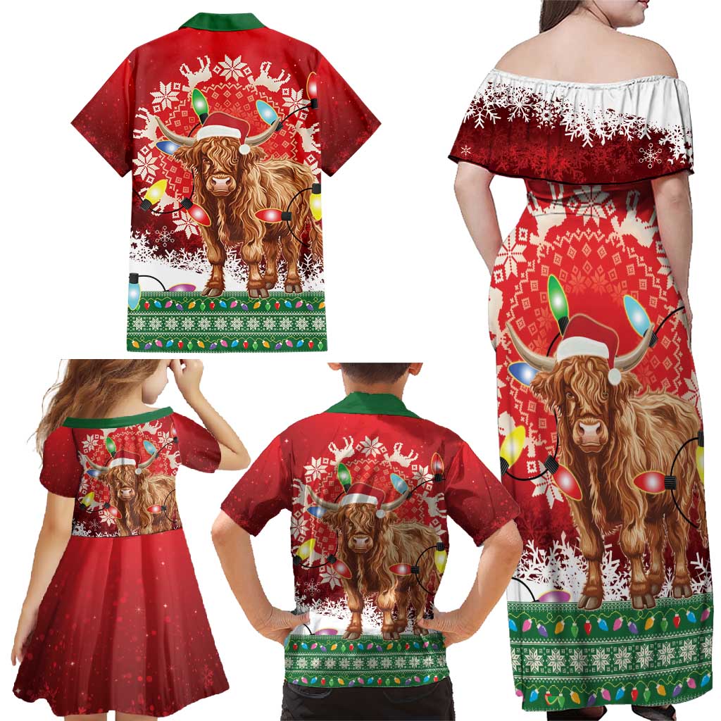 Scotland Christmas Family Matching Off Shoulder Maxi Dress and Hawaiian Shirt Highland Cow Santa - Nollaig Chridheil! - Wonder Print Shop
