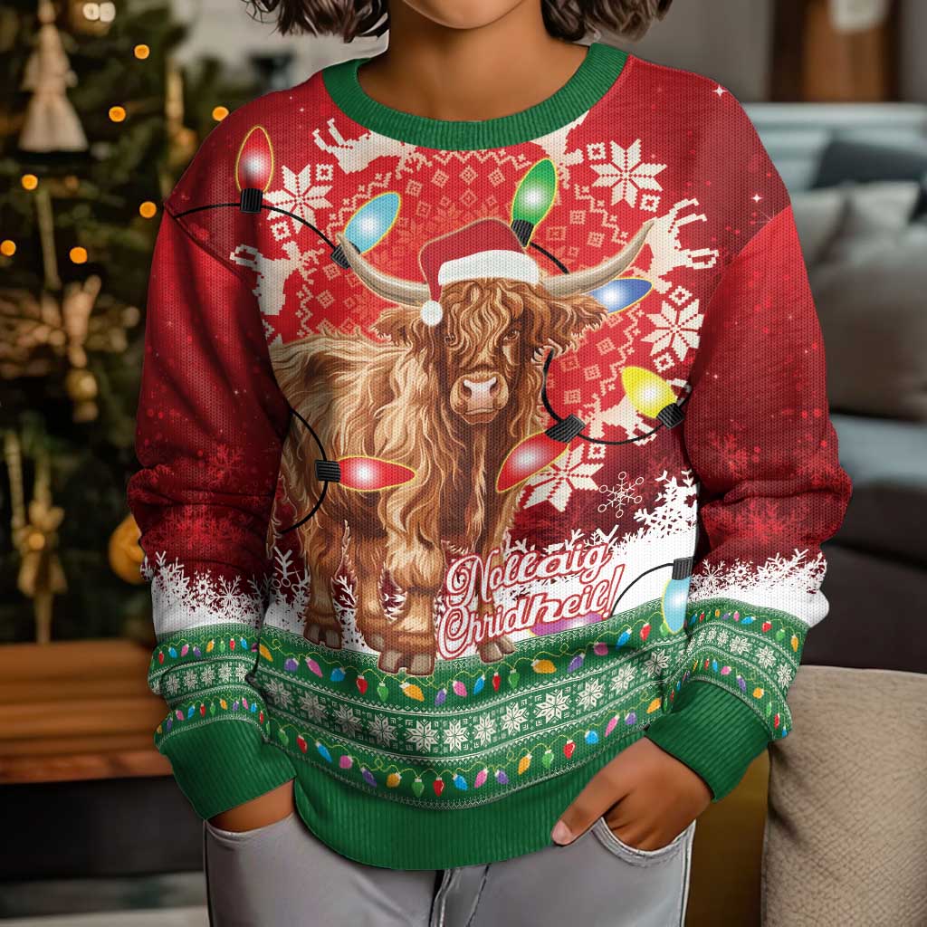 Scotland Christmas Kid Ugly Christmas Sweater Highland Cow Santa - Nollaig Chridheil! - Wonder Print Shop