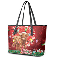 Scotland Christmas Leather Tote Bag Highland Cow Santa - Nollaig Chridheil! - Wonder Print Shop