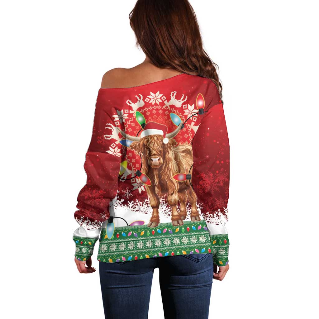 Scotland Christmas Off Shoulder Sweater Highland Cow Santa - Nollaig Chridheil! - Wonder Print Shop