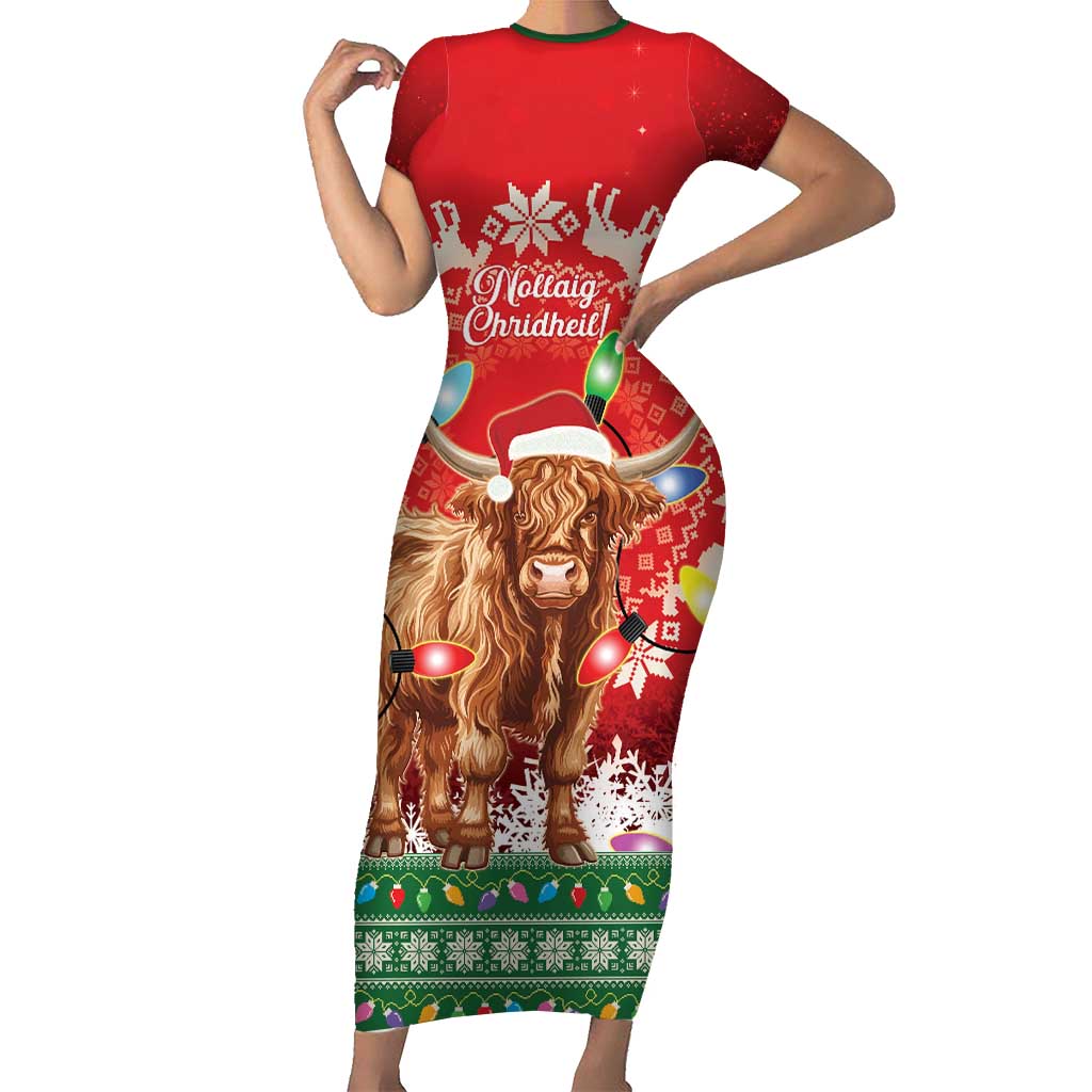 Scotland Christmas Short Sleeve Bodycon Dress Highland Cow Santa - Nollaig Chridheil! - Wonder Print Shop