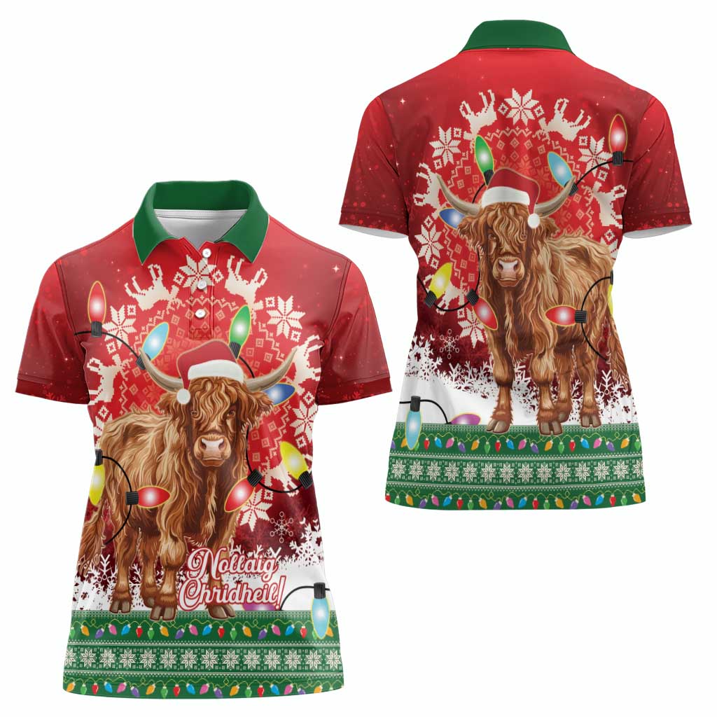 Scotland Christmas Women Polo Shirt Highland Cow Santa - Nollaig Chridheil! - Wonder Print Shop