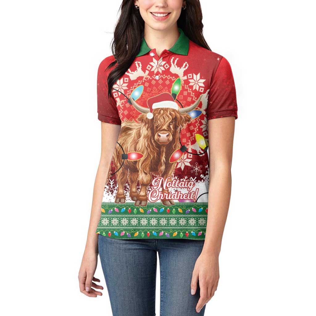 Scotland Christmas Women Polo Shirt Highland Cow Santa - Nollaig Chridheil! - Wonder Print Shop