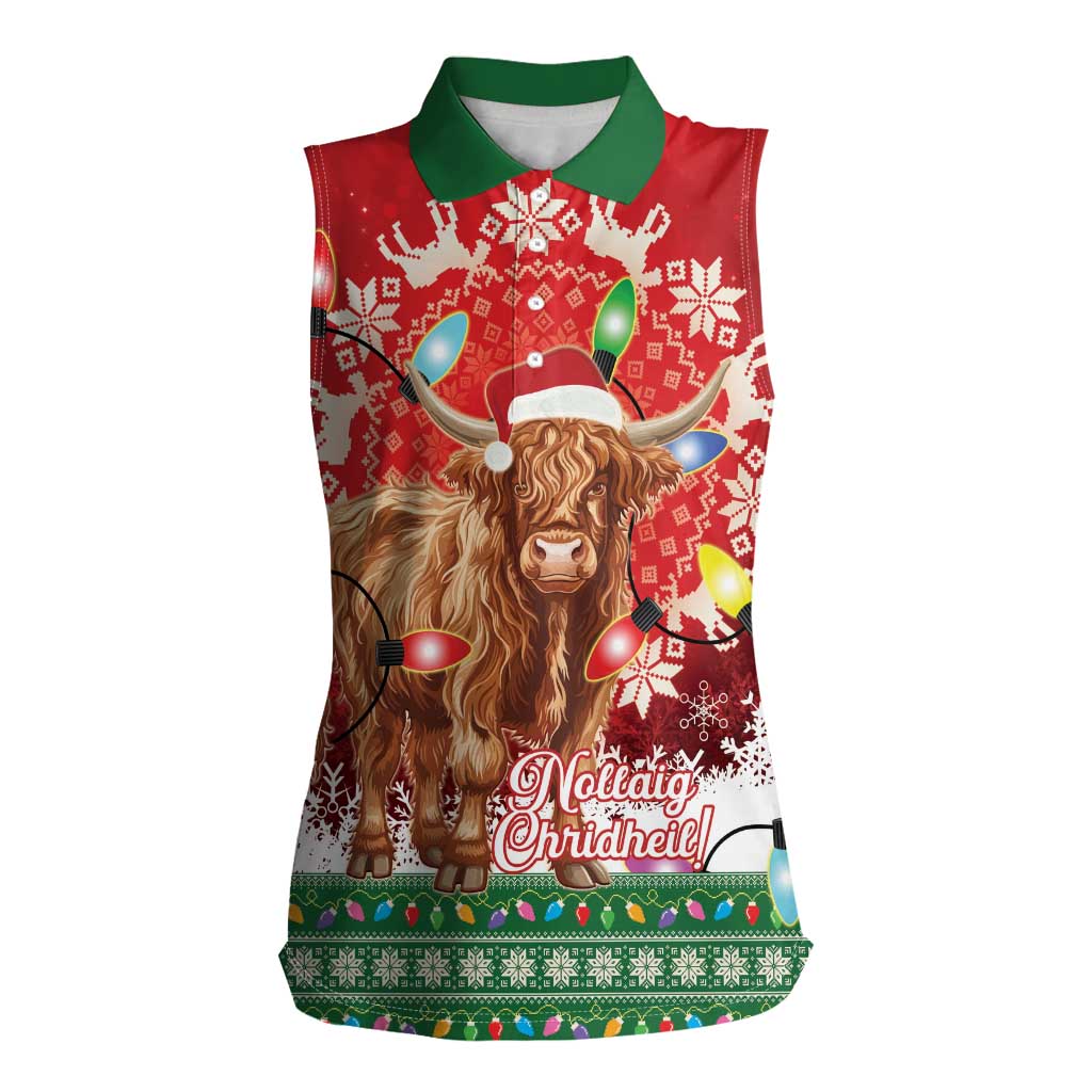Scotland Christmas Women Sleeveless Polo Shirt Highland Cow Santa - Nollaig Chridheil! - Wonder Print Shop
