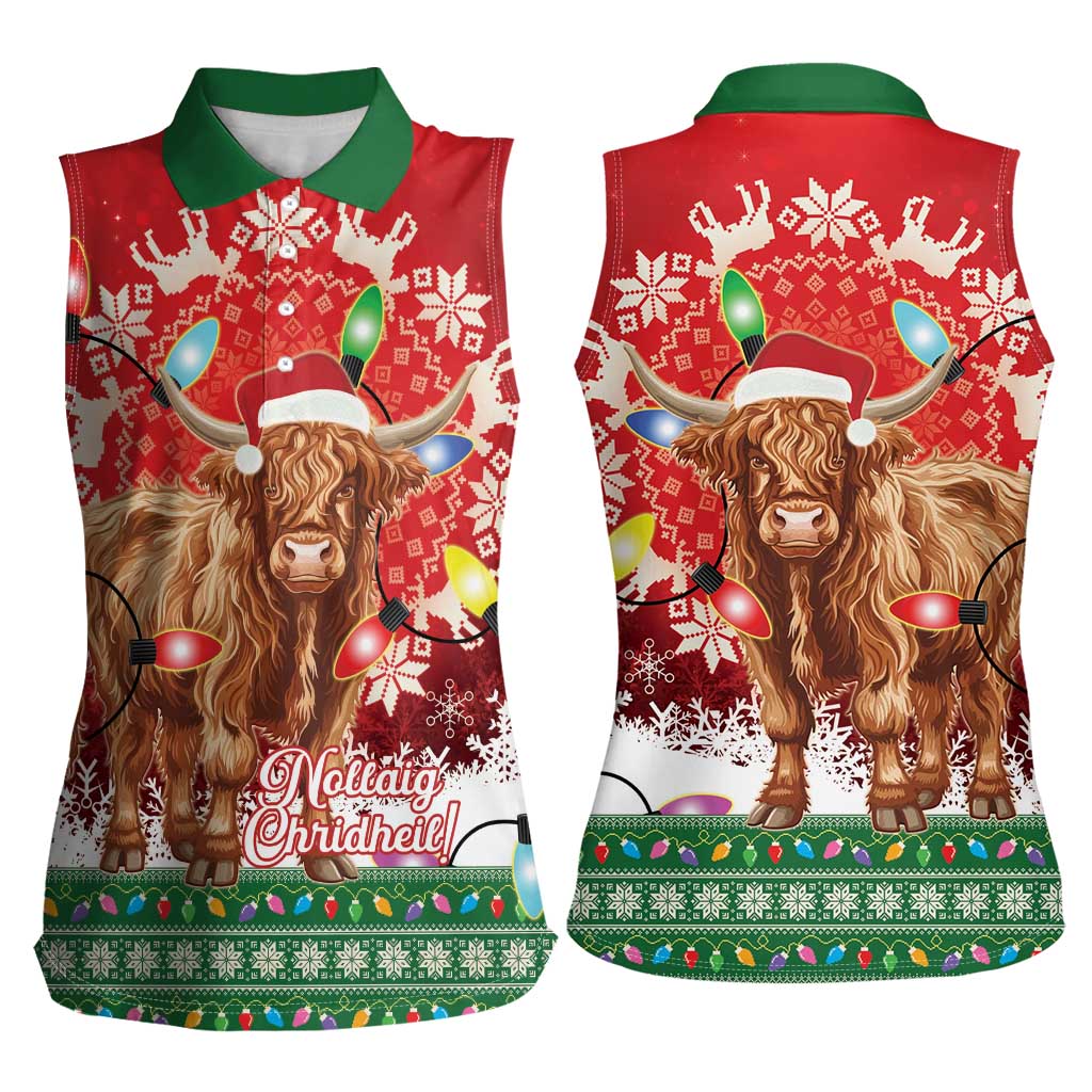 Scotland Christmas Women Sleeveless Polo Shirt Highland Cow Santa - Nollaig Chridheil! - Wonder Print Shop