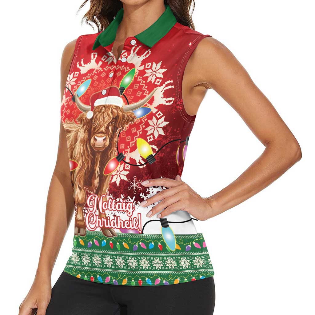 Scotland Christmas Women Sleeveless Polo Shirt Highland Cow Santa - Nollaig Chridheil! - Wonder Print Shop