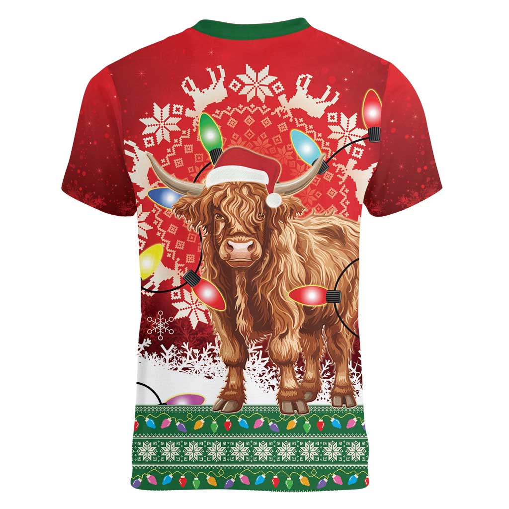 Scotland Christmas Women V-Neck T-Shirt Highland Cow Santa - Nollaig Chridheil! - Wonder Print Shop