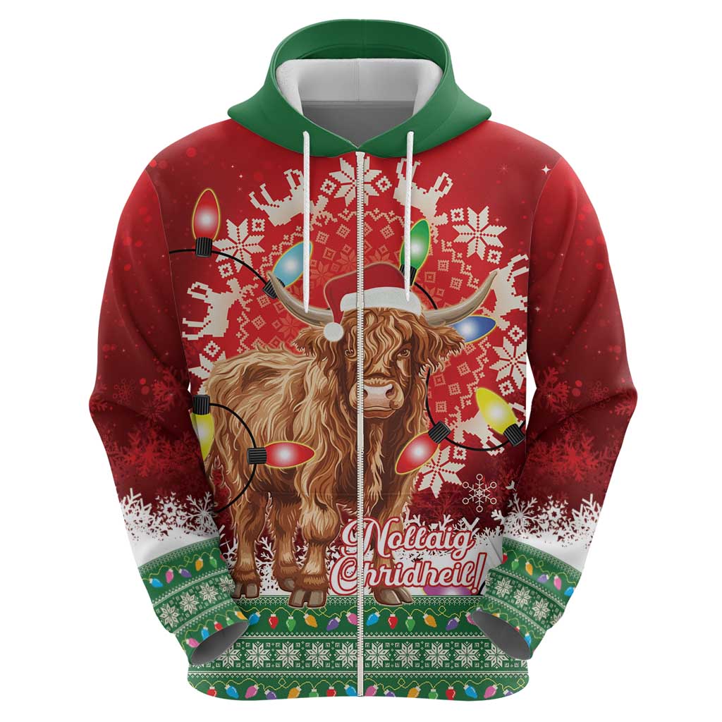 Scotland Christmas Zip Hoodie Highland Cow Santa - Nollaig Chridheil! - Wonder Print Shop