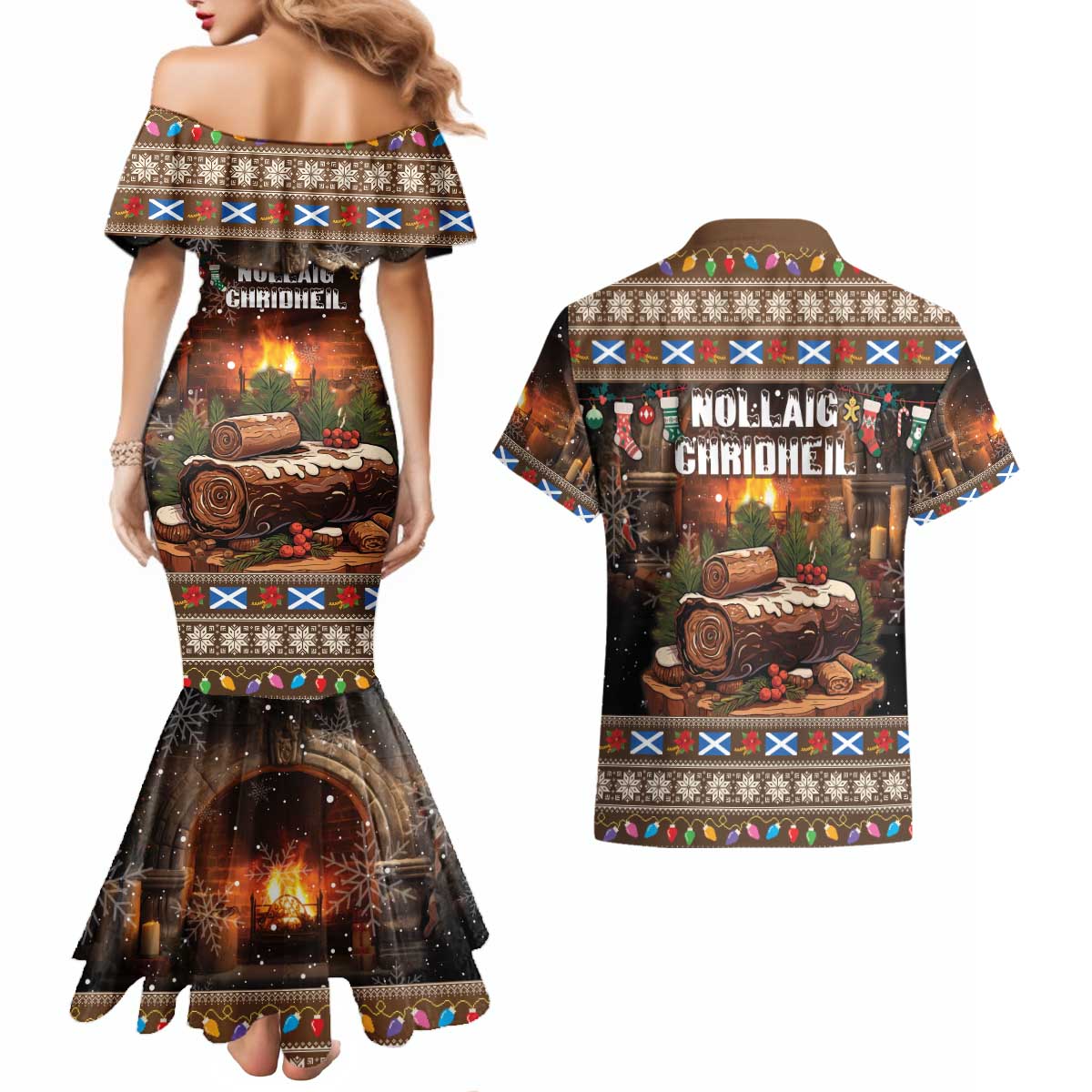 Scotland Christmas Couples Matching Mermaid Dress and Hawaiian Shirt Merry Yule Log - Wonder Print Shop