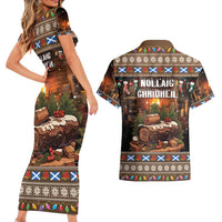Scotland Christmas Couples Matching Short Sleeve Bodycon Dress and Hawaiian Shirt Merry Yule Log - Wonder Print Shop