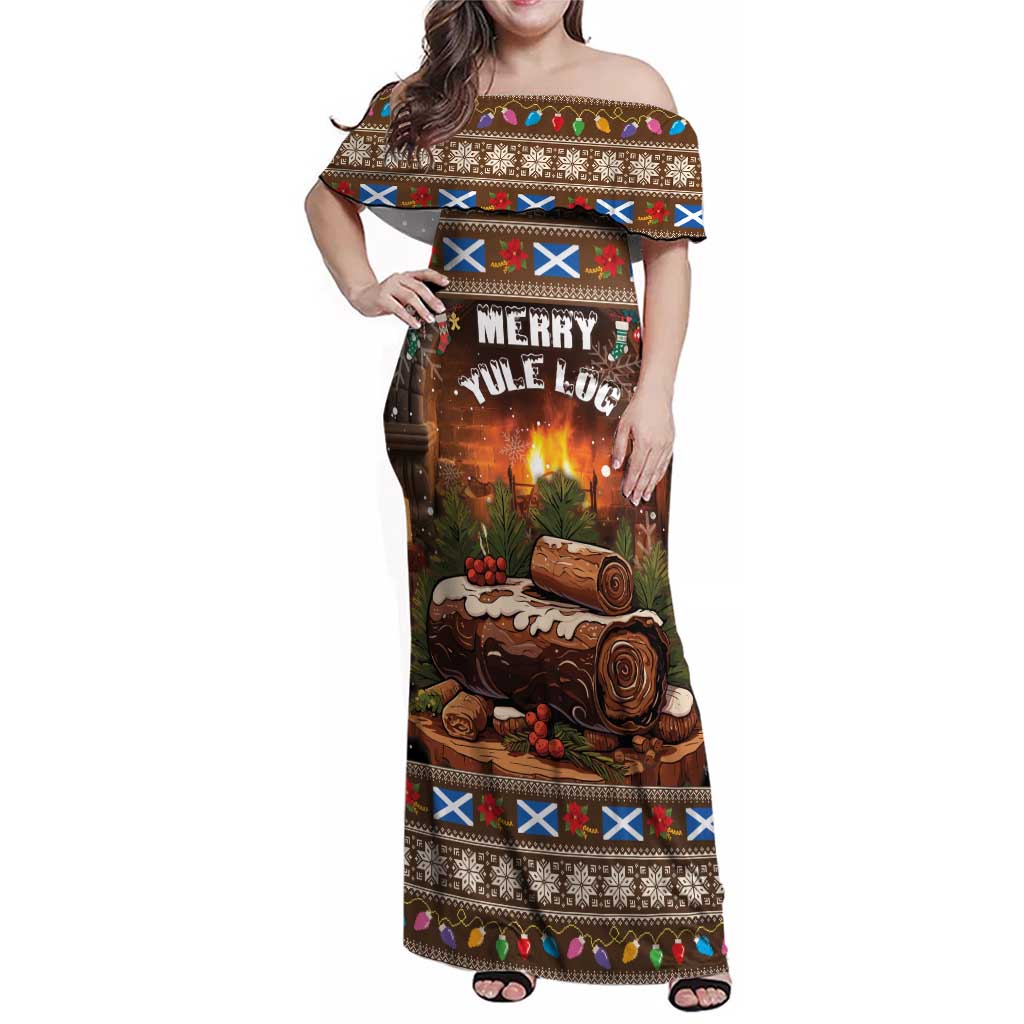 Scotland Christmas Family Matching Off Shoulder Maxi Dress and Hawaiian Shirt Merry Yule Log - Wonder Print Shop