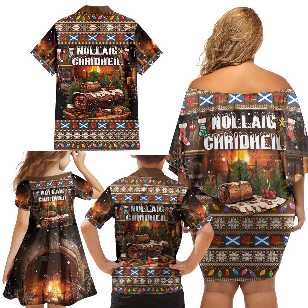 Scotland Christmas Family Matching Off Shoulder Short Dress and Hawaiian Shirt Merry Yule Log - Wonder Print Shop