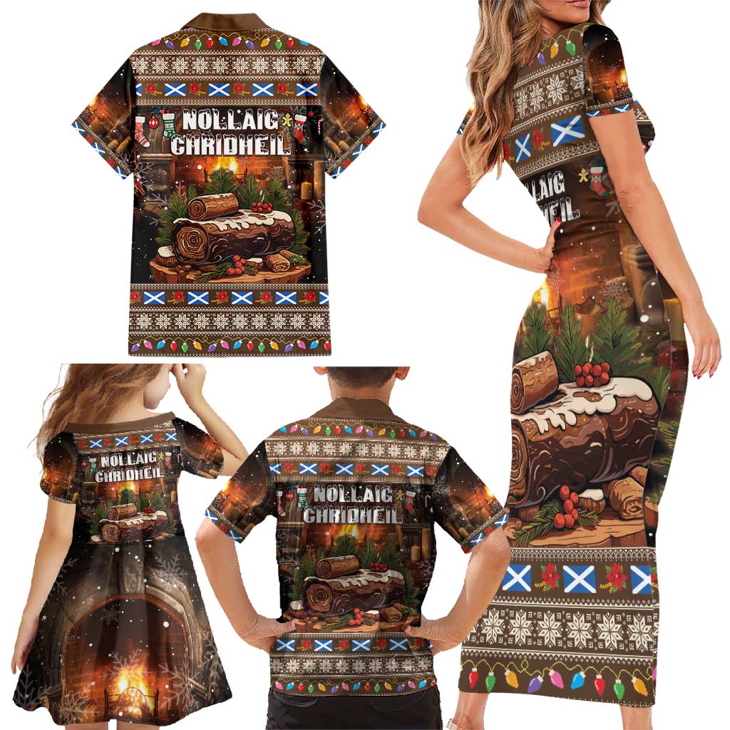 Scotland Christmas Family Matching Short Sleeve Bodycon Dress and Hawaiian Shirt Merry Yule Log - Wonder Print Shop