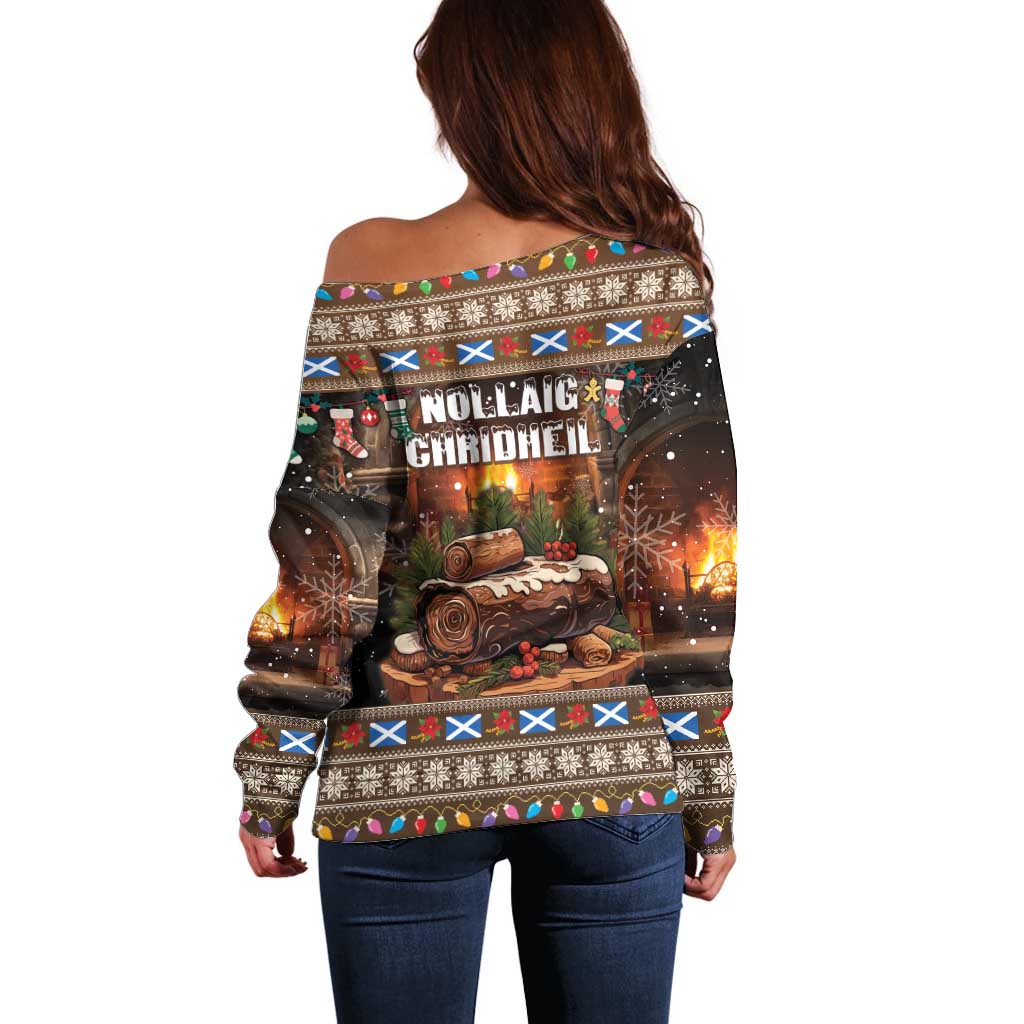 Scotland Christmas Off Shoulder Sweater Merry Yule Log - Wonder Print Shop