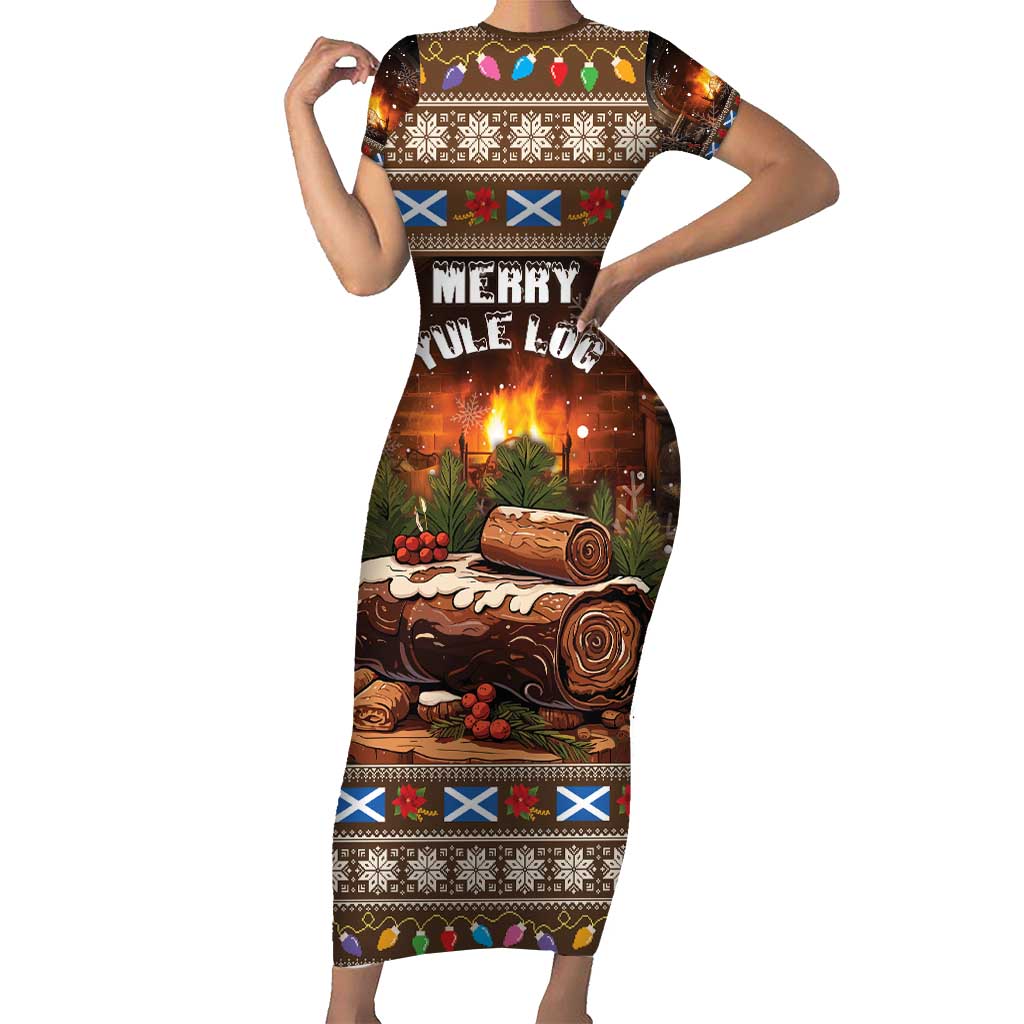 Scotland Christmas Short Sleeve Bodycon Dress Merry Yule Log - Wonder Print Shop