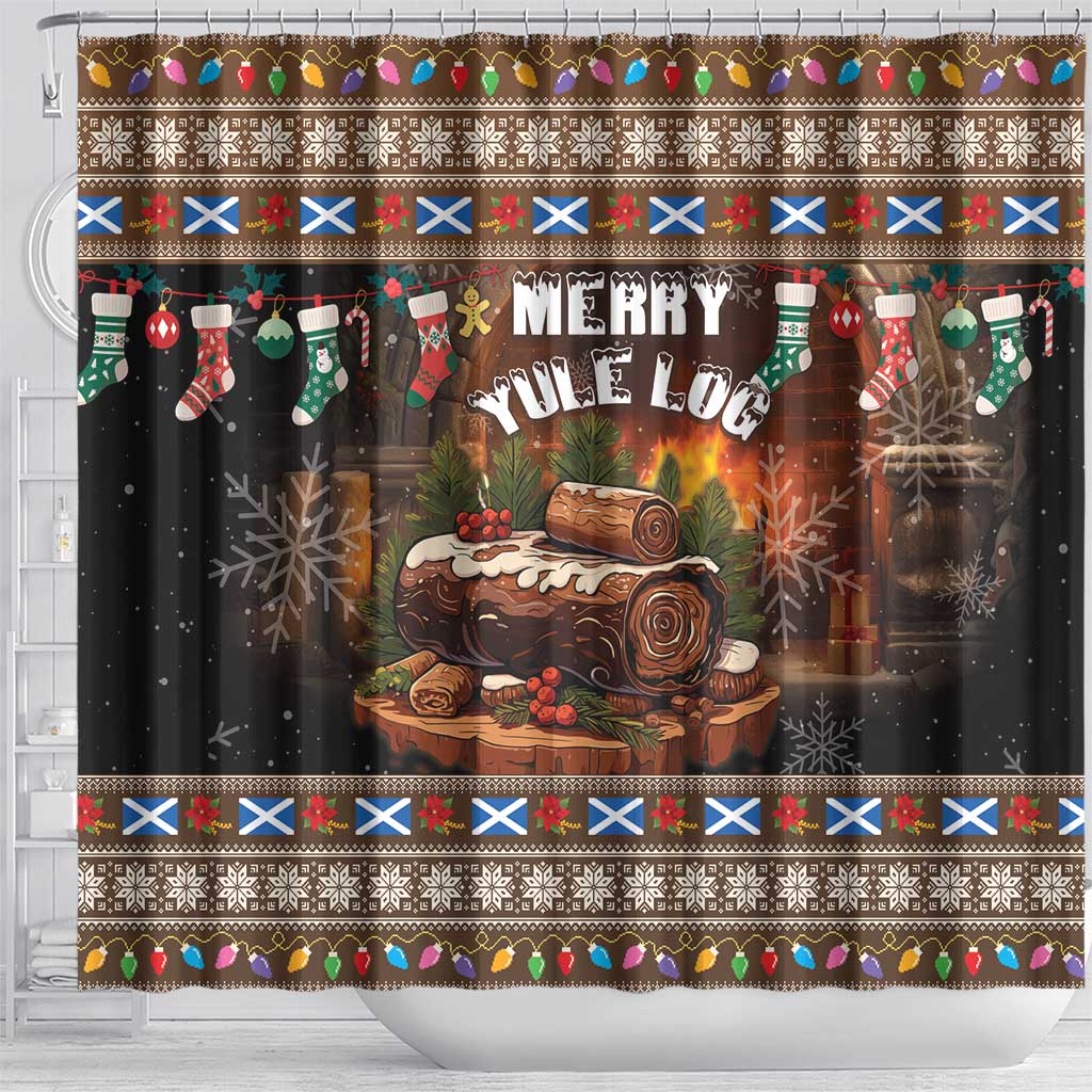 Scotland Christmas Shower Curtain Merry Yule Log