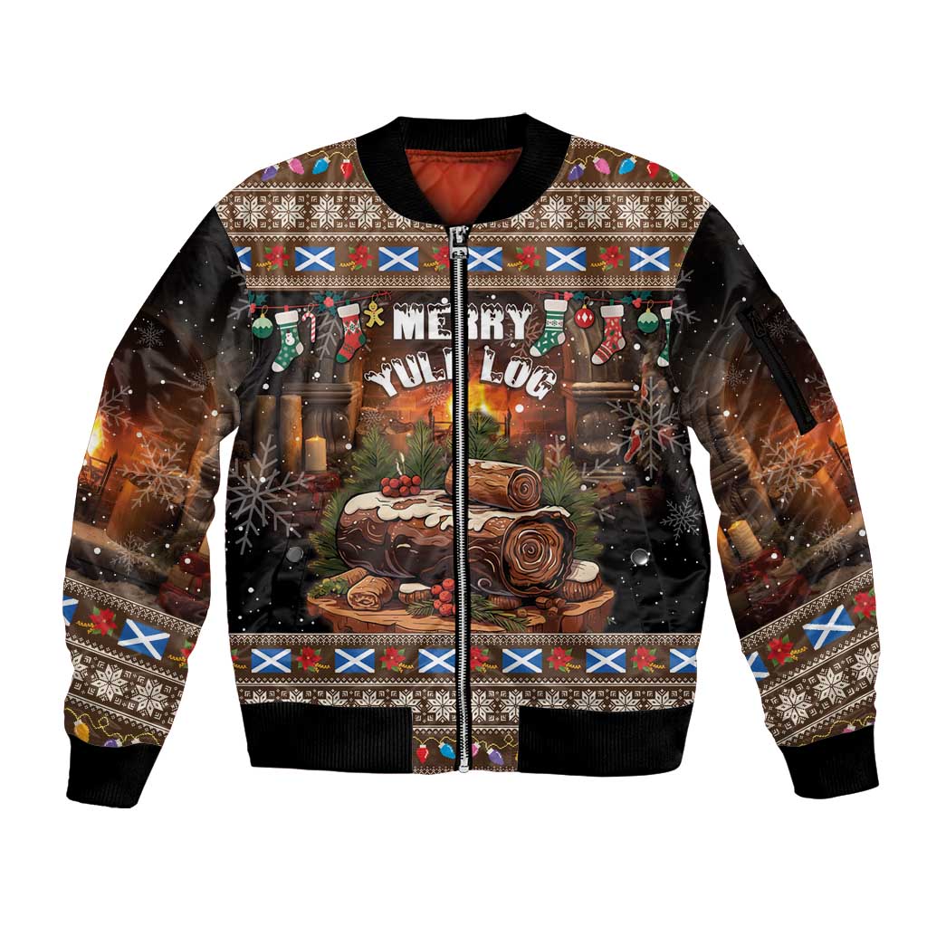Scotland Christmas Sleeve Zip Bomber Jacket Merry Yule Log - Wonder Print Shop