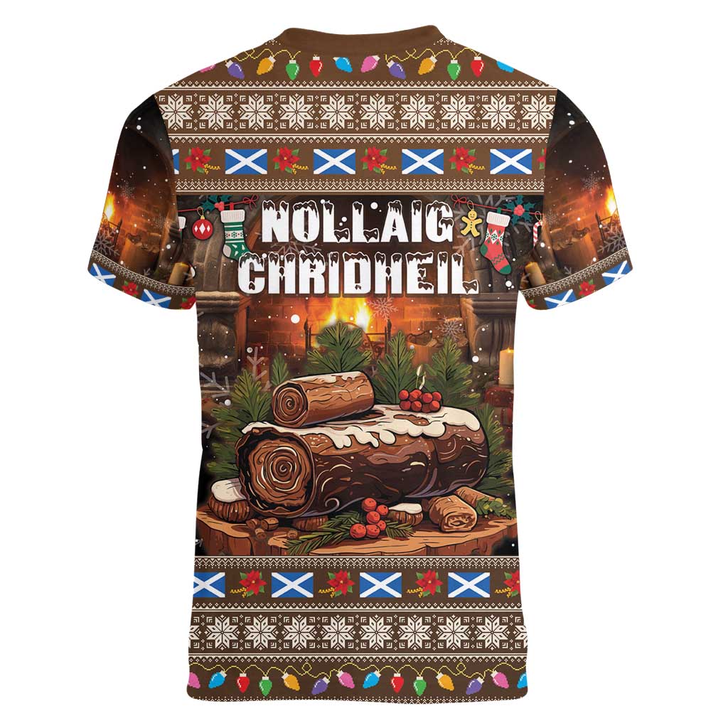 Scotland Christmas Women V-Neck T-Shirt Merry Yule Log - Wonder Print Shop