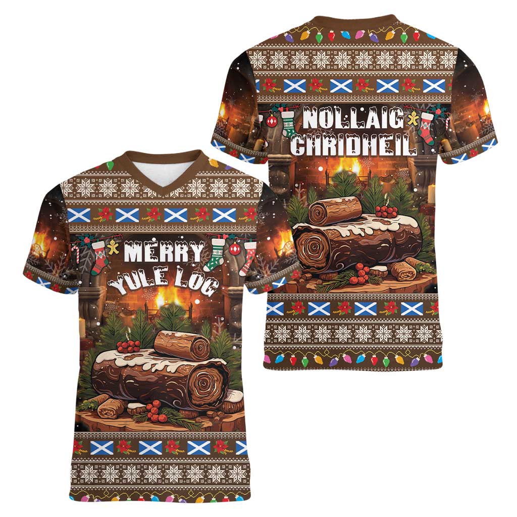 Scotland Christmas Women V-Neck T-Shirt Merry Yule Log - Wonder Print Shop