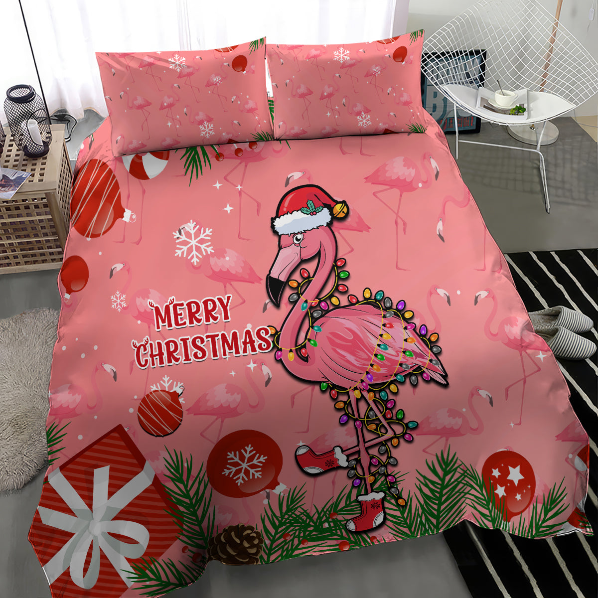Flamingo Christmas Bedding Set 2023 Seamless Xmas Vibes - Wonder Print Shop