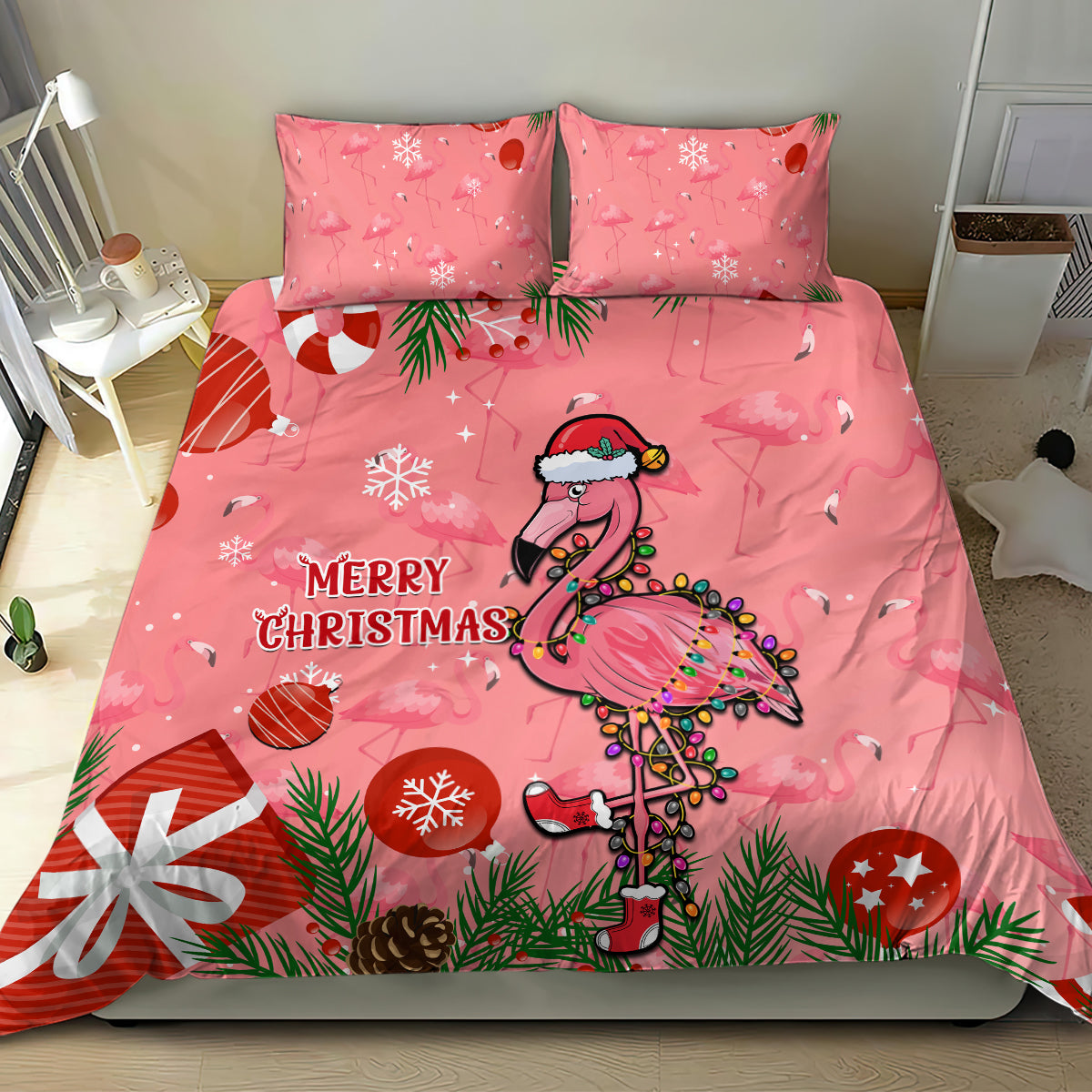 Flamingo Christmas Bedding Set 2023 Seamless Xmas Vibes - Wonder Print Shop