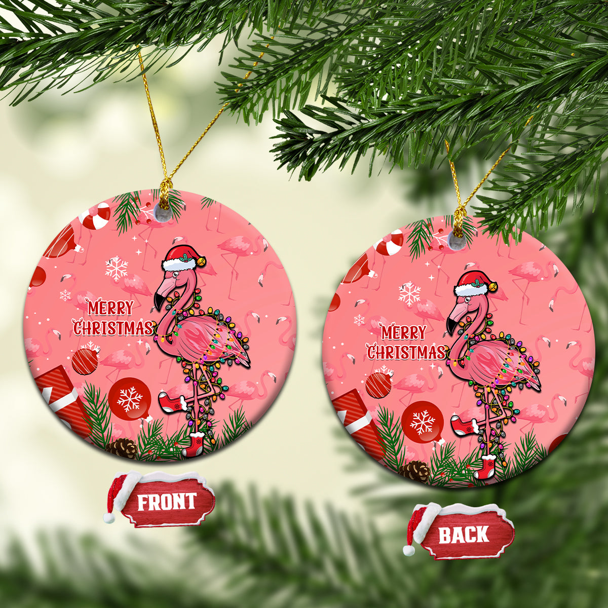 Flamingo Christmas Ceramic Ornament 2023 Seamless Xmas Vibes - Wonder Print Shop