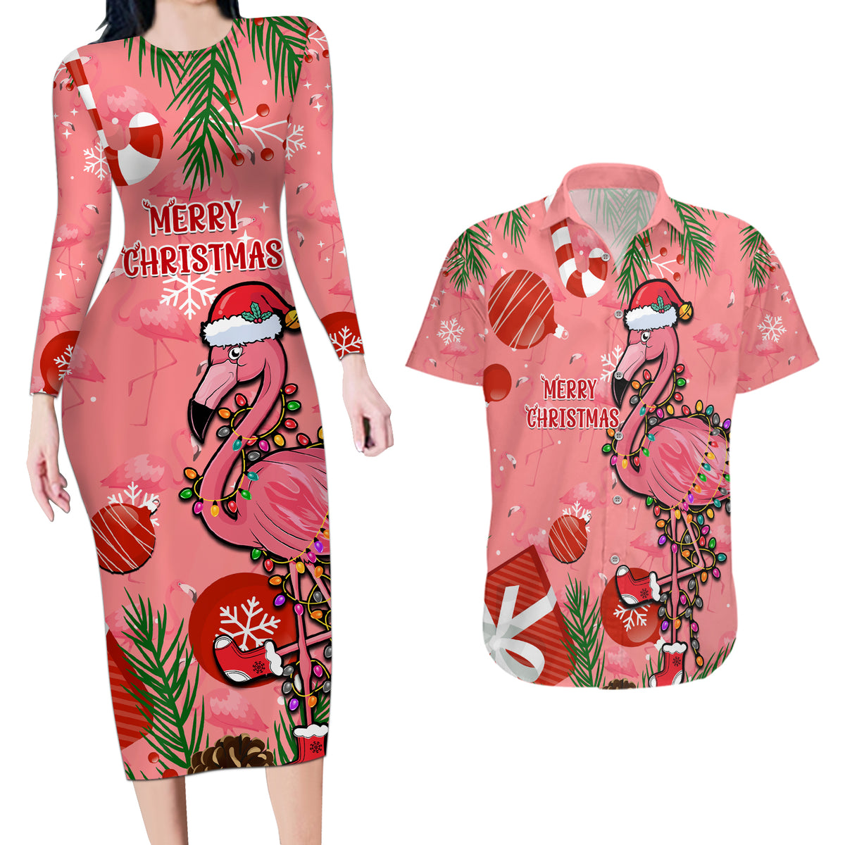 Flamingo Christmas Couples Matching Long Sleeve Bodycon Dress and Hawaiian Shirt 2023 Seamless Xmas Vibes - Wonder Print Shop