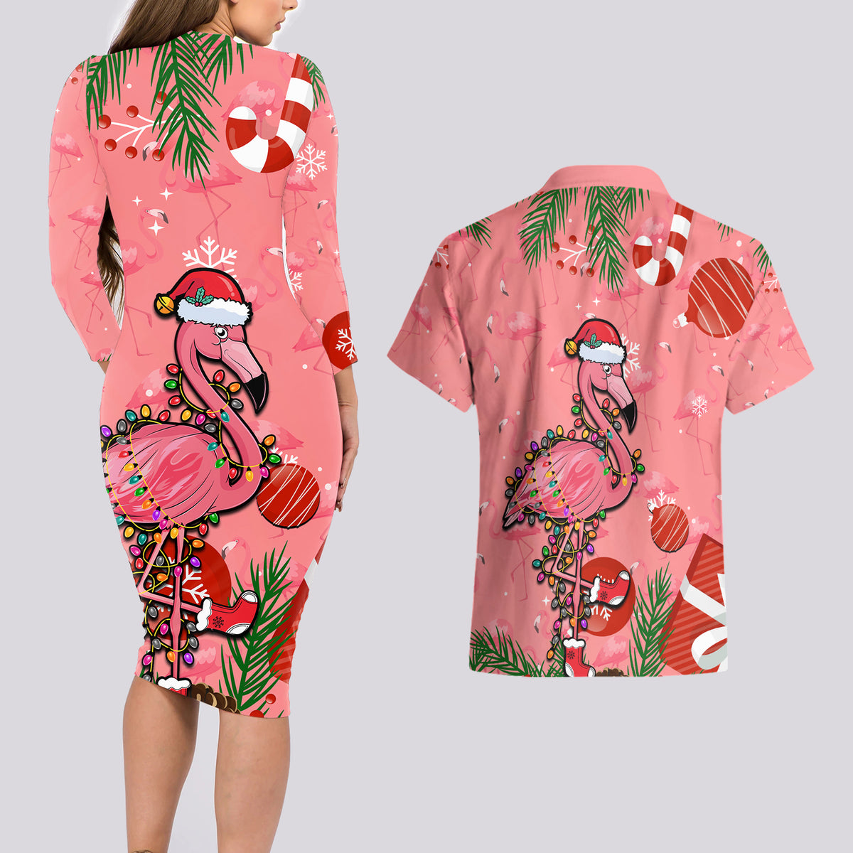 Flamingo Christmas Couples Matching Long Sleeve Bodycon Dress and Hawaiian Shirt 2023 Seamless Xmas Vibes - Wonder Print Shop