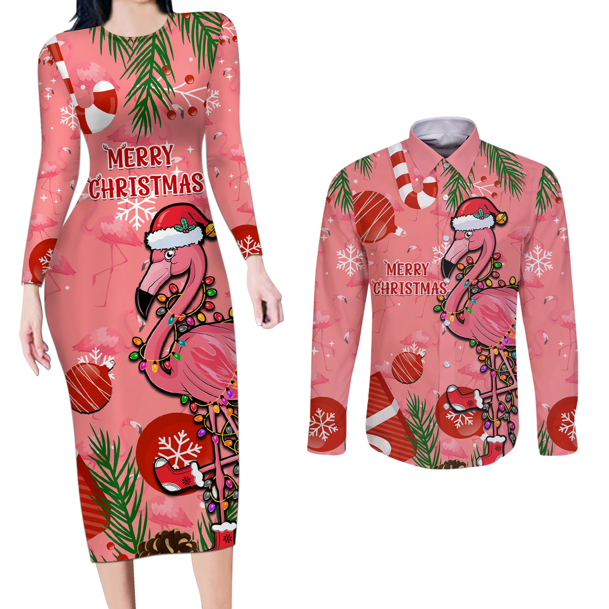 Flamingo Christmas Couples Matching Long Sleeve Bodycon Dress and Long Sleeve Button Shirt 2023 Seamless Xmas Vibes - Wonder Print Shop