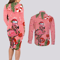 Flamingo Christmas Couples Matching Long Sleeve Bodycon Dress and Long Sleeve Button Shirt 2023 Seamless Xmas Vibes - Wonder Print Shop