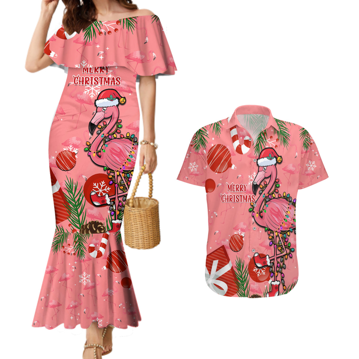 Flamingo Christmas Couples Matching Mermaid Dress and Hawaiian Shirt 2023 Seamless Xmas Vibes - Wonder Print Shop