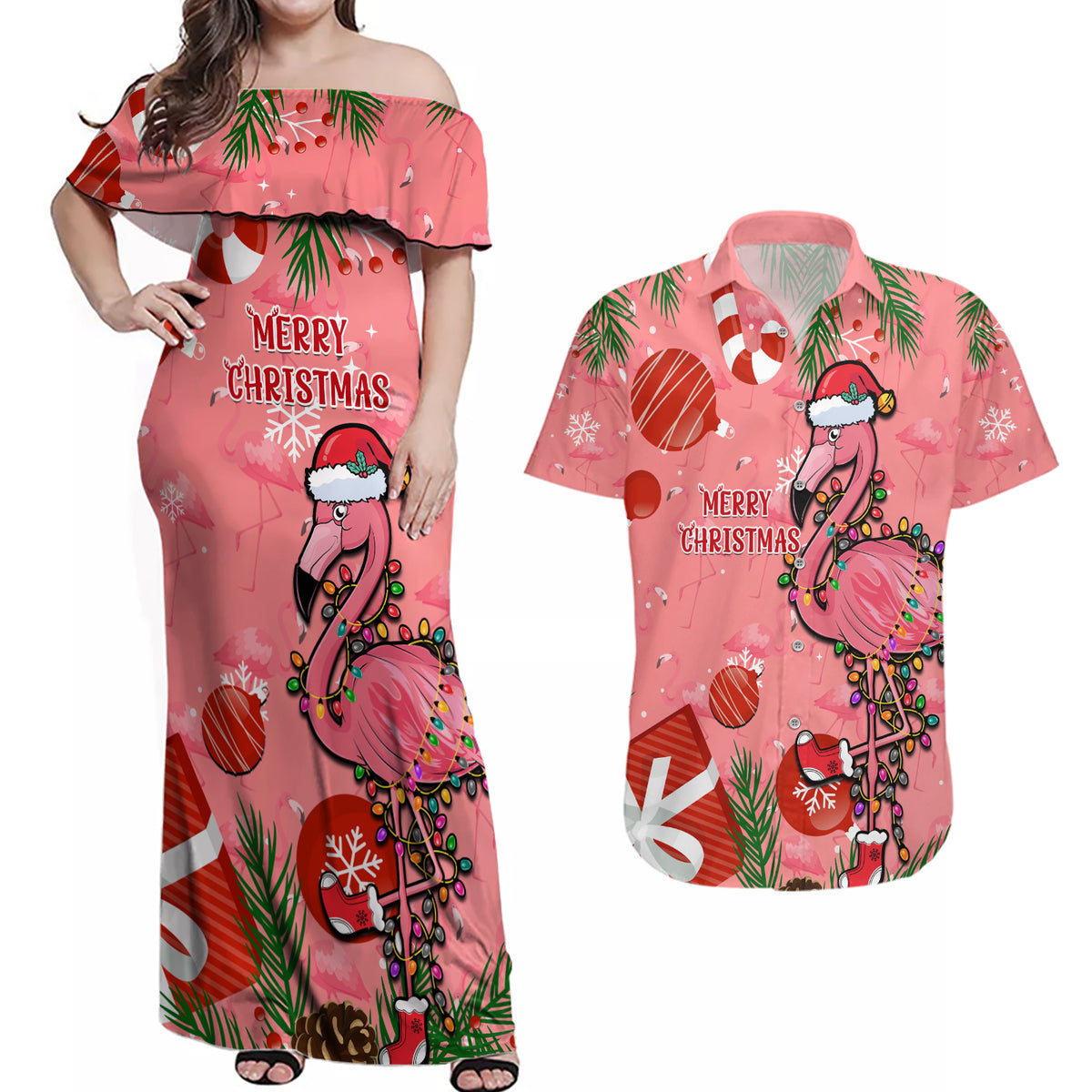 Flamingo Christmas Couples Matching Off Shoulder Maxi Dress and Hawaiian Shirt 2023 Seamless Xmas Vibes - Wonder Print Shop