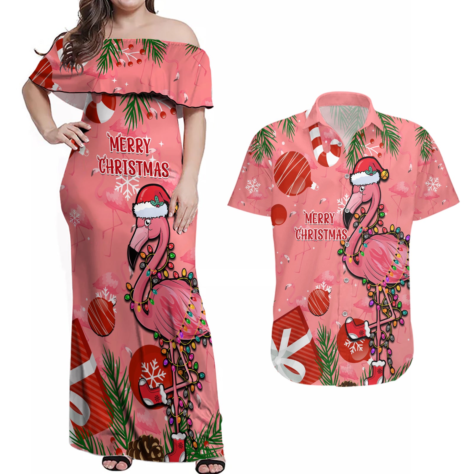 Flamingo Christmas Couples Matching Off Shoulder Maxi Dress and Hawaiian Shirt 2023 Seamless Xmas Vibes - Wonder Print Shop