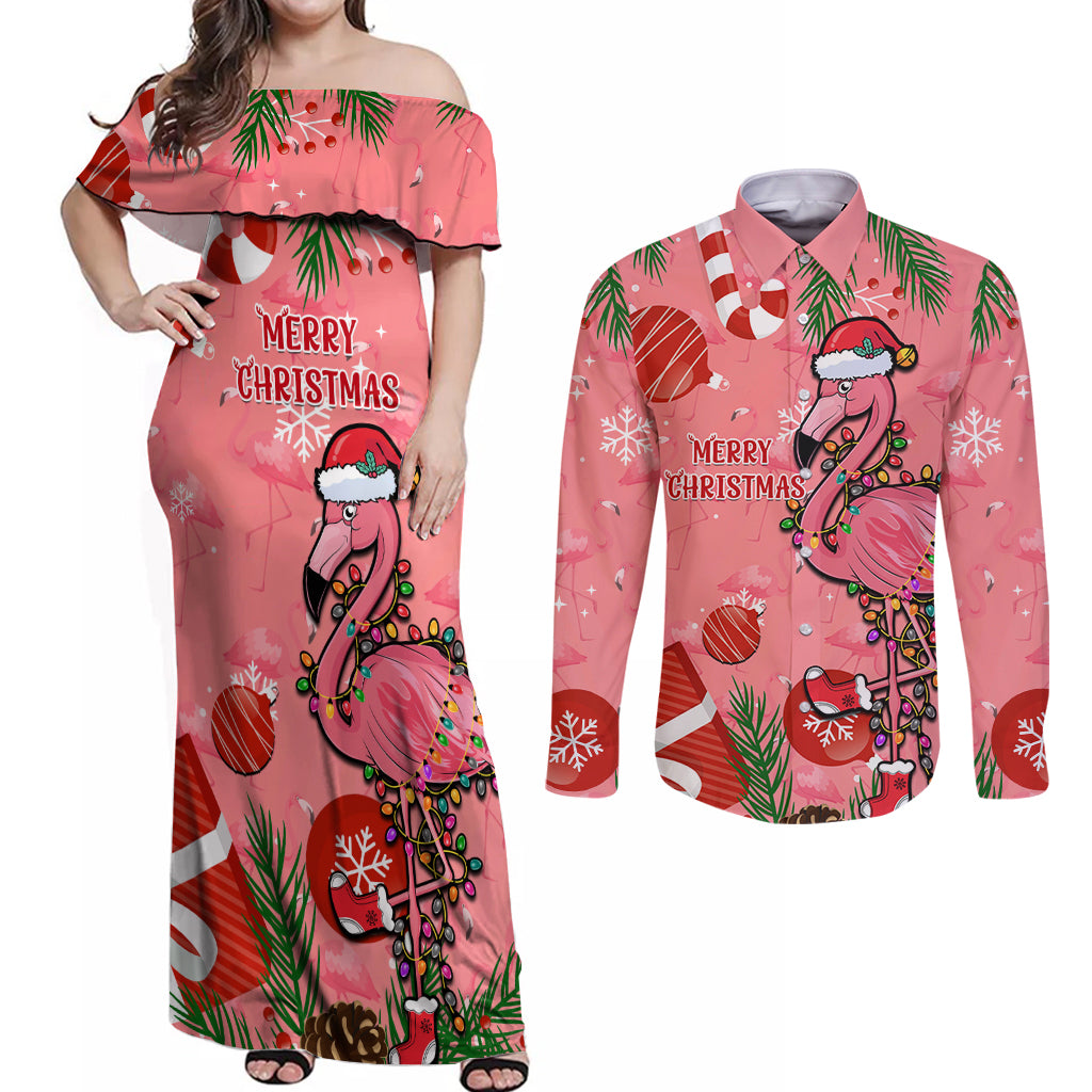 Flamingo Christmas Couples Matching Off Shoulder Maxi Dress and Long Sleeve Button Shirt 2023 Seamless Xmas Vibes - Wonder Print Shop