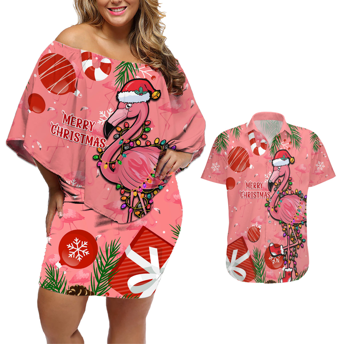 Flamingo Christmas Couples Matching Off Shoulder Short Dress and Hawaiian Shirt 2023 Seamless Xmas Vibes - Wonder Print Shop