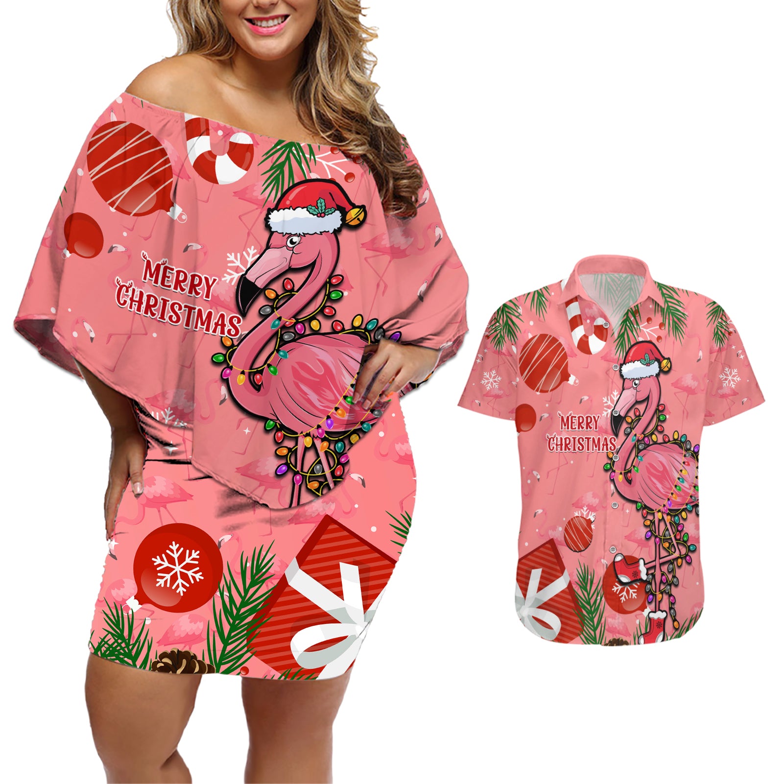 Flamingo Christmas Couples Matching Off Shoulder Short Dress and Hawaiian Shirt 2023 Seamless Xmas Vibes - Wonder Print Shop