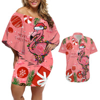 Flamingo Christmas Couples Matching Off Shoulder Short Dress and Hawaiian Shirt 2023 Seamless Xmas Vibes - Wonder Print Shop