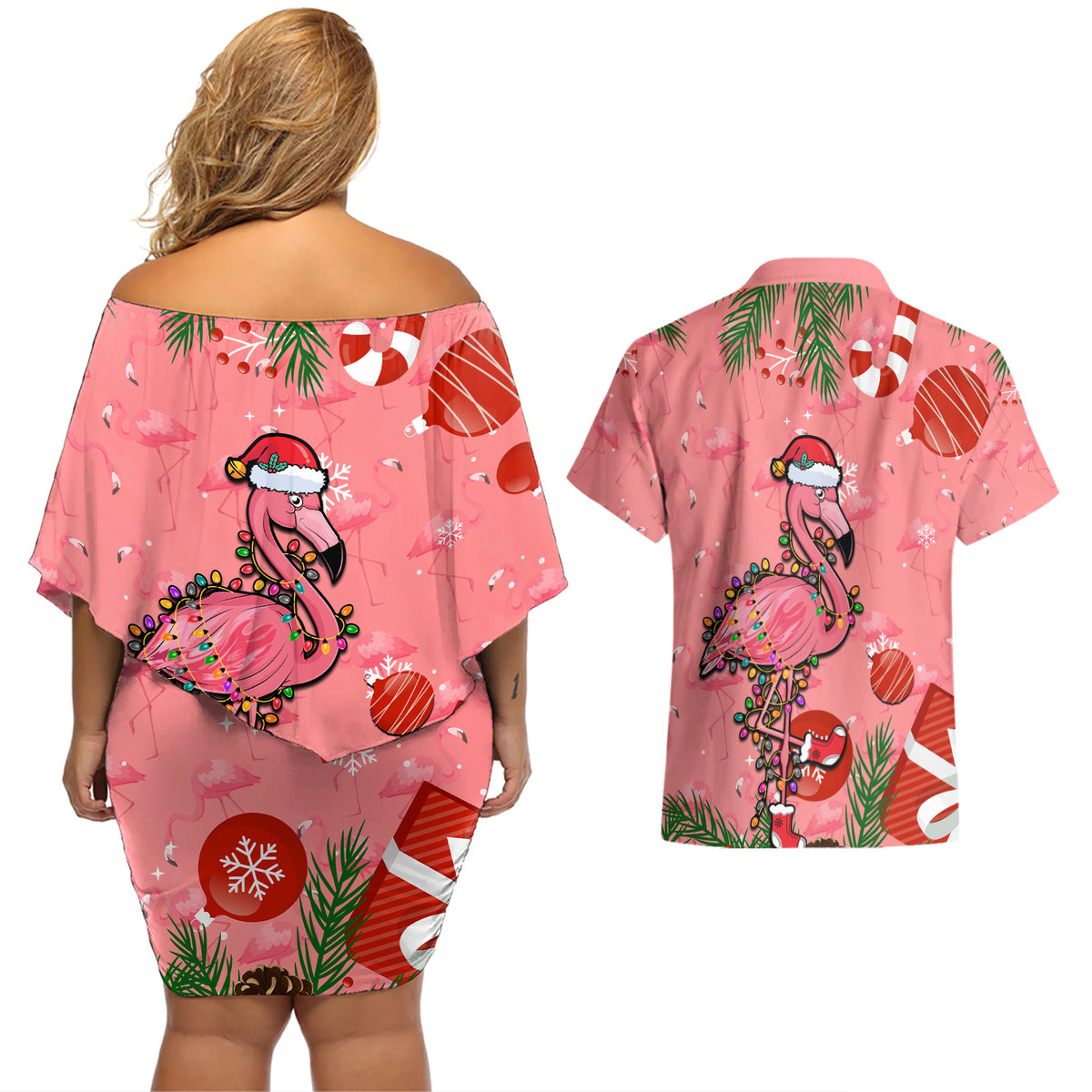 Flamingo Christmas Couples Matching Off Shoulder Short Dress and Hawaiian Shirt 2023 Seamless Xmas Vibes - Wonder Print Shop