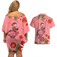 Flamingo Christmas Couples Matching Off Shoulder Short Dress and Hawaiian Shirt 2023 Seamless Xmas Vibes - Wonder Print Shop