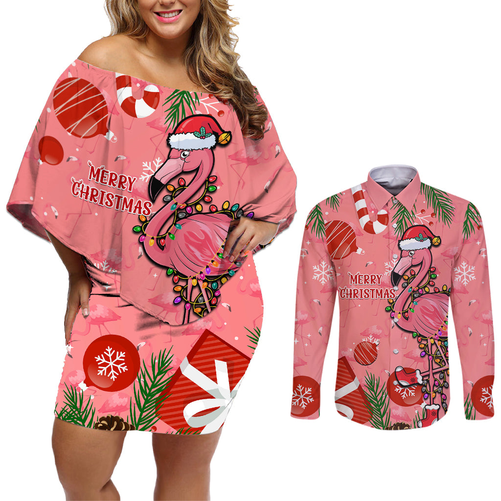 Flamingo Christmas Couples Matching Off Shoulder Short Dress and Long Sleeve Button Shirt 2023 Seamless Xmas Vibes - Wonder Print Shop