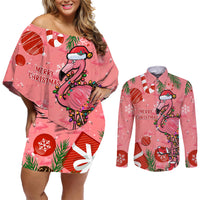 Flamingo Christmas Couples Matching Off Shoulder Short Dress and Long Sleeve Button Shirt 2023 Seamless Xmas Vibes - Wonder Print Shop